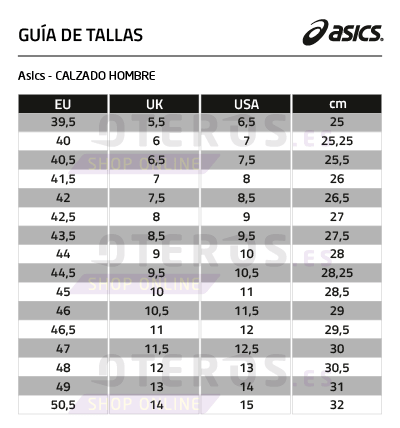 tallas asics calzado hombre