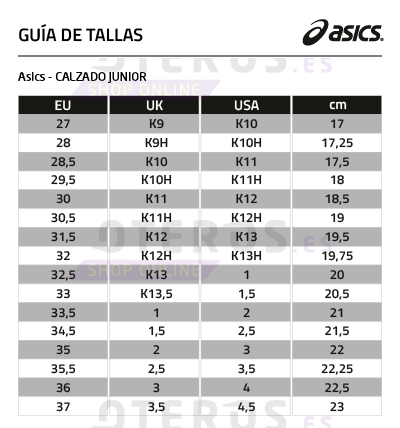 tallas asics calzado junior