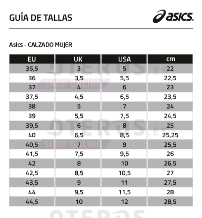 tallas asics calzado mujer