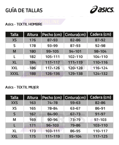 tallas asics textil